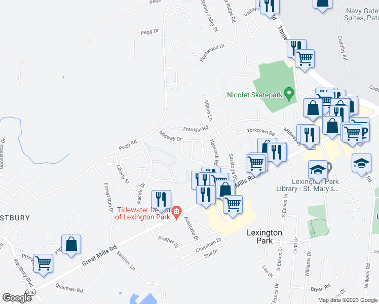 map of restaurants, bars, coffee shops, grocery stores, and more near 21695 Ranger Road in Lexington Park