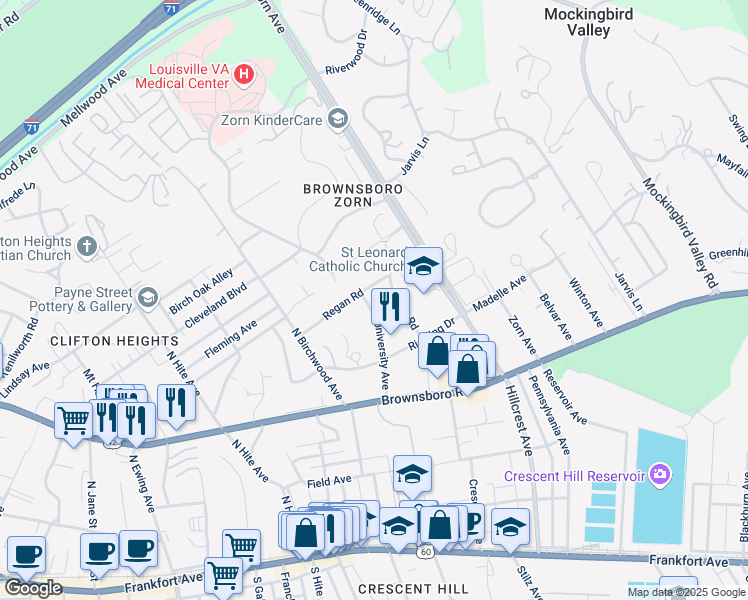 map of restaurants, bars, coffee shops, grocery stores, and more near 455 University Avenue in Louisville