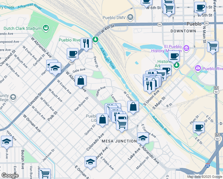 map of restaurants, bars, coffee shops, grocery stores, and more near 164 Idaho Avenue in Pueblo