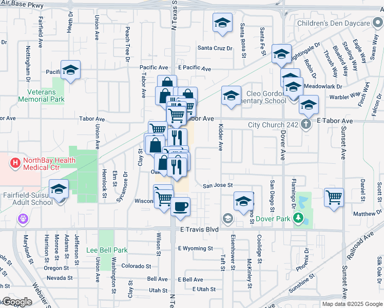 map of restaurants, bars, coffee shops, grocery stores, and more near 1837 San Jose Street in Fairfield