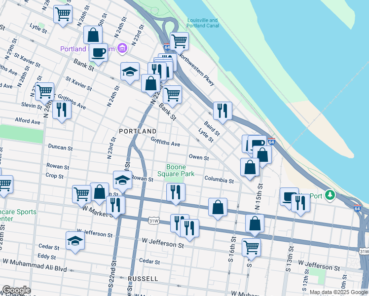 map of restaurants, bars, coffee shops, grocery stores, and more near 1825 Griffiths Avenue in Louisville