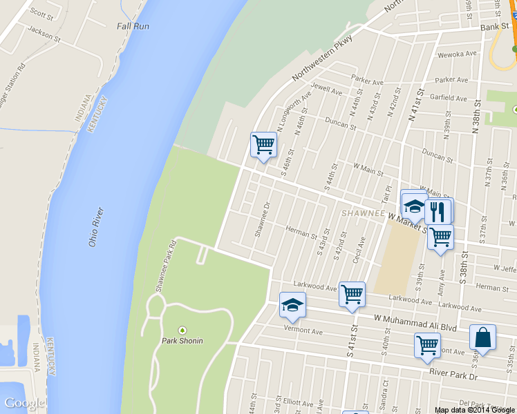 map of restaurants, bars, coffee shops, grocery stores, and more near 226 Shawnee Drive in Louisville