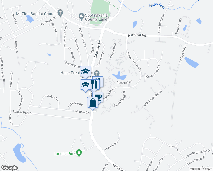 map of restaurants, bars, coffee shops, grocery stores, and more near 11119 Sunburst Lane in Fredericksburg