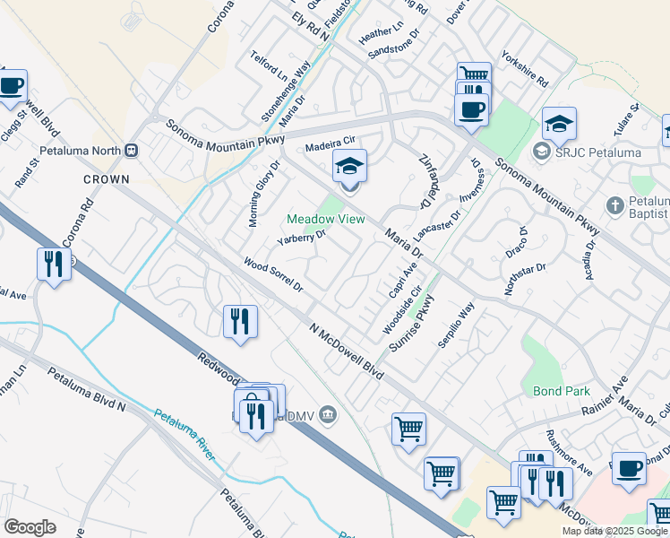 map of restaurants, bars, coffee shops, grocery stores, and more near 1519 Abercrombie Way in Petaluma