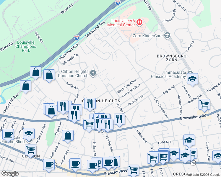 map of restaurants, bars, coffee shops, grocery stores, and more near 2701 Lindsay Avenue in Louisville