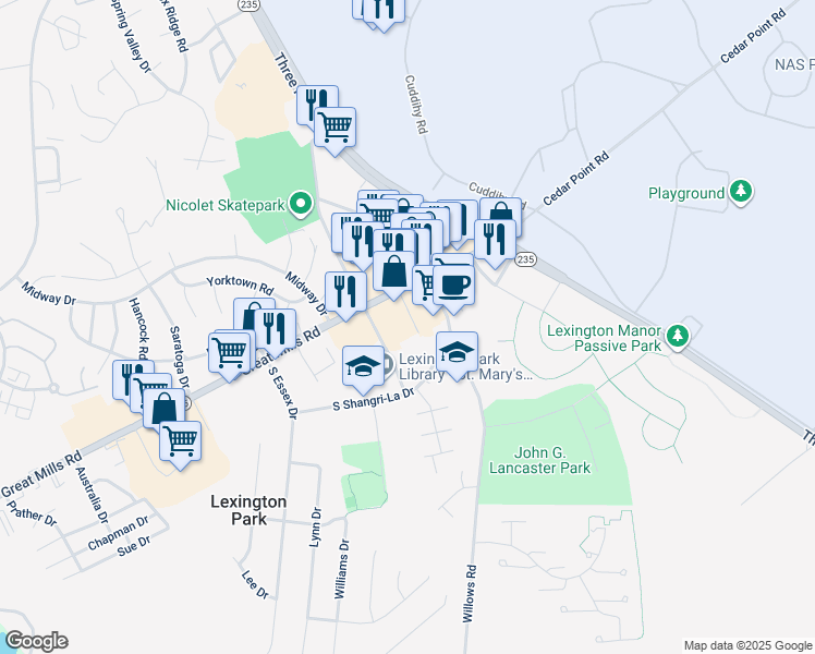 map of restaurants, bars, coffee shops, grocery stores, and more near 21647 Great Mills Road in Lexington Park