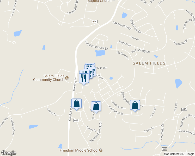 map of restaurants, bars, coffee shops, grocery stores, and more near 7122 Destiny Lane in Fredericksburg