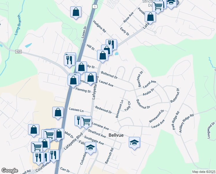 map of restaurants, bars, coffee shops, grocery stores, and more near 108 Laurel Avenue in Fredericksburg