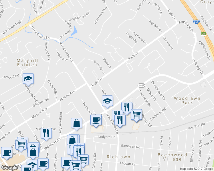 map of restaurants, bars, coffee shops, grocery stores, and more near 318 Castleview Drive in Louisville