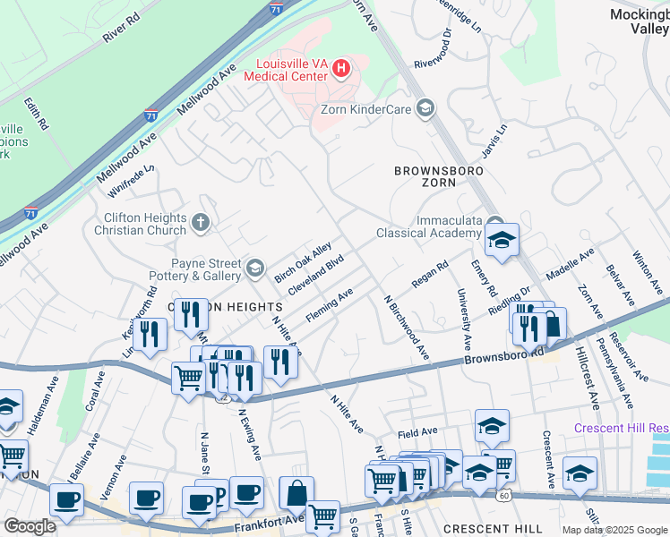 map of restaurants, bars, coffee shops, grocery stores, and more near 2812 Cleveland Boulevard in Louisville