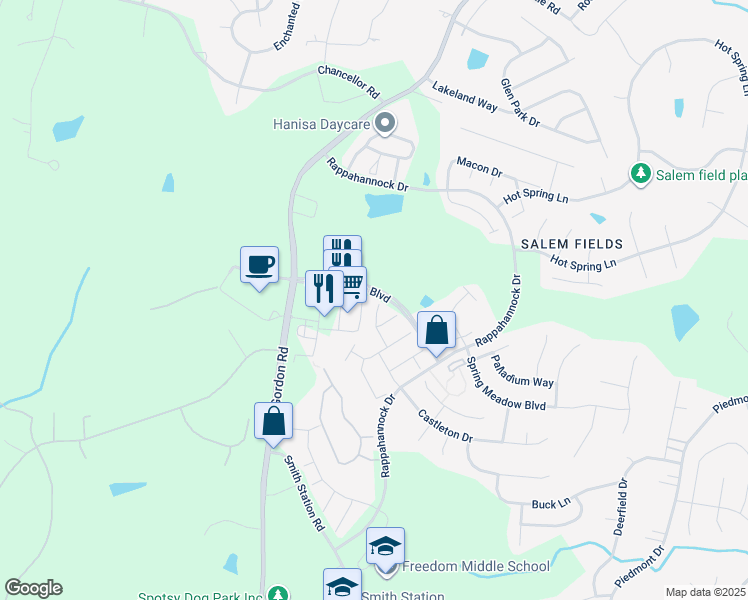 map of restaurants, bars, coffee shops, grocery stores, and more near 7122 Destiny Lane in Fredericksburg