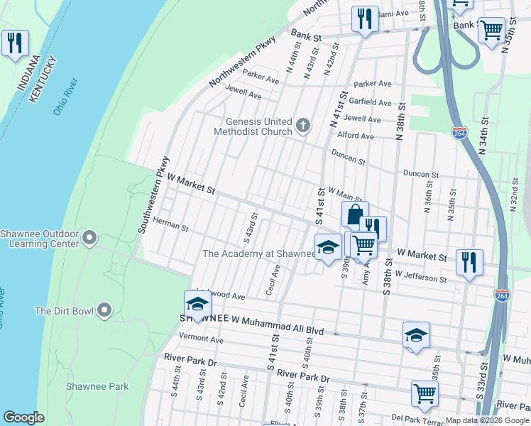map of restaurants, bars, coffee shops, grocery stores, and more near 201 South 43rd Street in Louisville