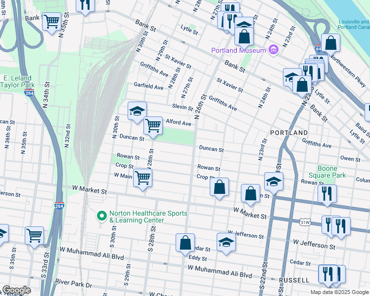 map of restaurants, bars, coffee shops, grocery stores, and more near 2614 Duncan Street in Louisville