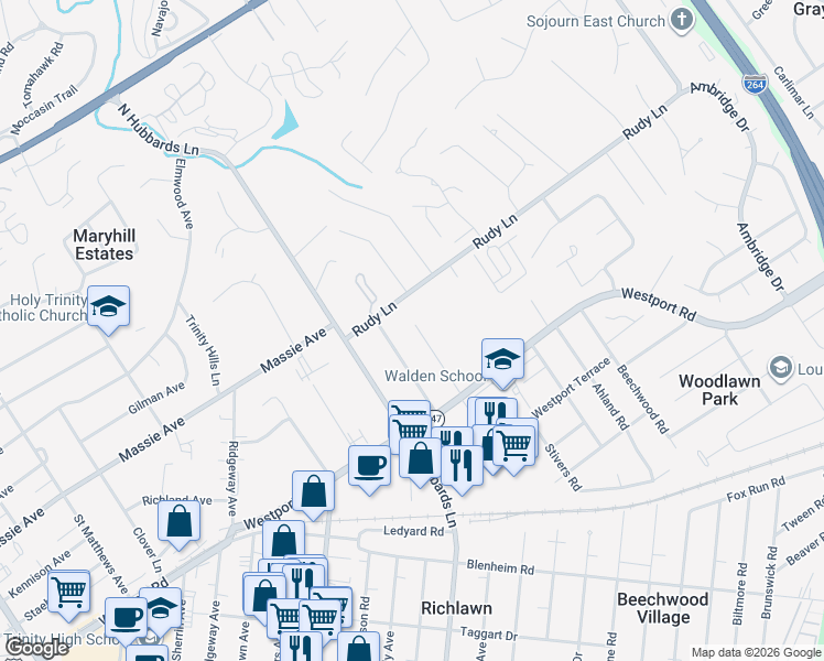 map of restaurants, bars, coffee shops, grocery stores, and more near 318 Castleview Drive in Louisville