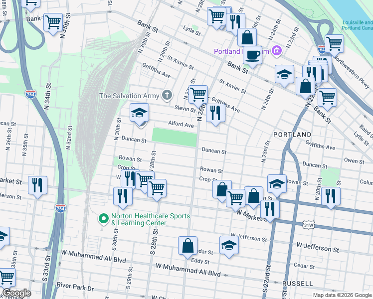 map of restaurants, bars, coffee shops, grocery stores, and more near 2614 Duncan Street in Louisville