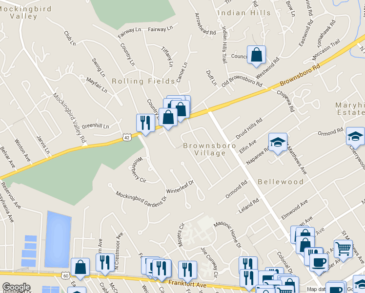 map of restaurants, bars, coffee shops, grocery stores, and more near 416 Sprite Road in Louisville