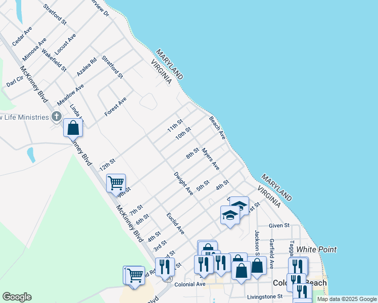 map of restaurants, bars, coffee shops, grocery stores, and more near 123 8th Street in Colonial Beach
