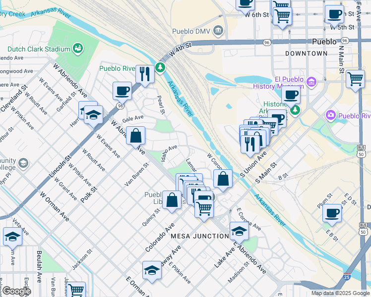 map of restaurants, bars, coffee shops, grocery stores, and more near 164 Idaho Avenue in Pueblo