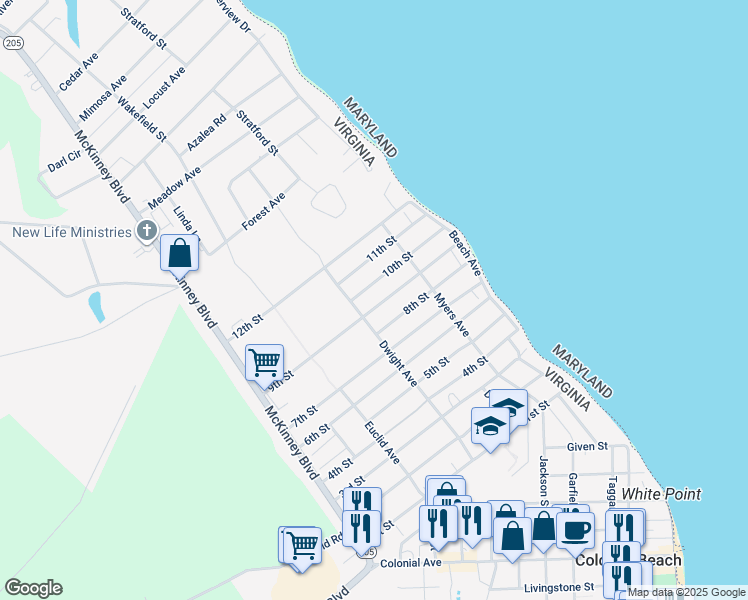 map of restaurants, bars, coffee shops, grocery stores, and more near 149 9th Street in Colonial Beach