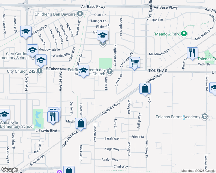 map of restaurants, bars, coffee shops, grocery stores, and more near 1911 Manor Place in Fairfield
