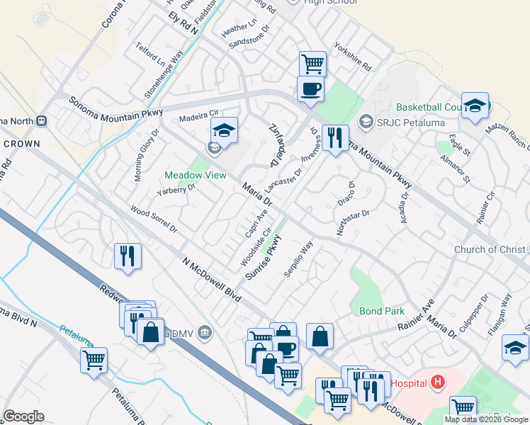 map of restaurants, bars, coffee shops, grocery stores, and more near 1498 Woodside Circle in Petaluma