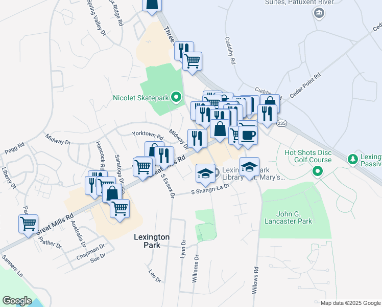 map of restaurants, bars, coffee shops, grocery stores, and more near 21680 Great Mills Road in Lexington Park