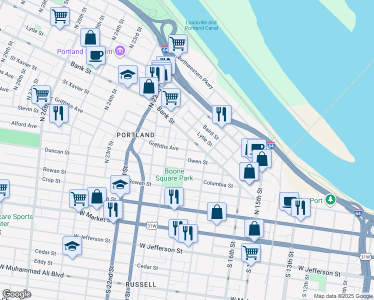 map of restaurants, bars, coffee shops, grocery stores, and more near North 19th Street in Louisville