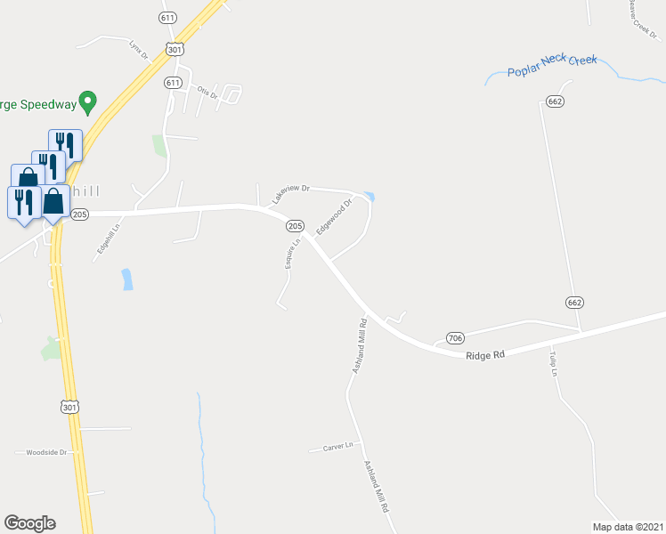 map of restaurants, bars, coffee shops, grocery stores, and more near 12351 Ridge Road in King George