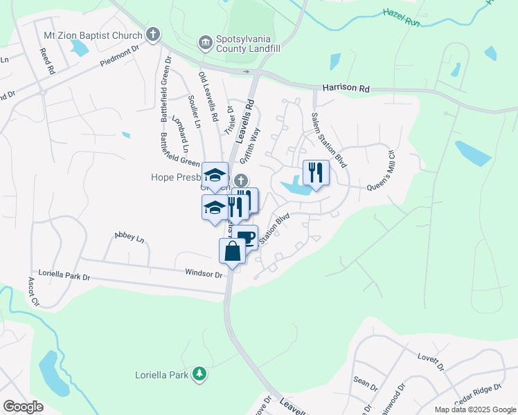 map of restaurants, bars, coffee shops, grocery stores, and more near 11128 Sunburst Lane in Fredericksburg