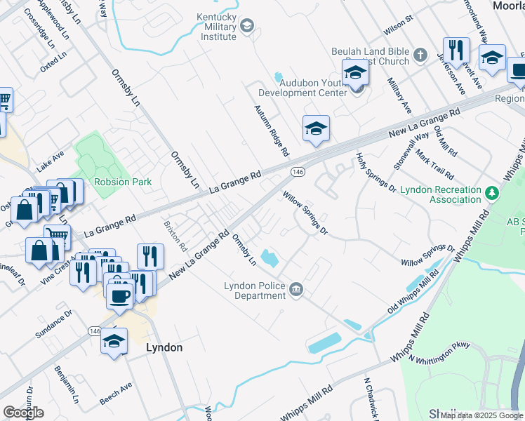 map of restaurants, bars, coffee shops, grocery stores, and more near 8521 New Lagrange Road in Lyndon