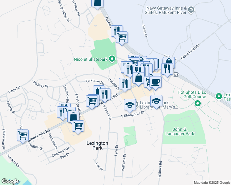 map of restaurants, bars, coffee shops, grocery stores, and more near 21705 Great Mills Lane in Lexington Park