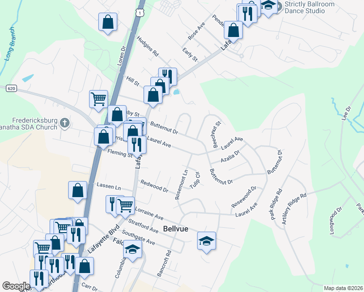 map of restaurants, bars, coffee shops, grocery stores, and more near 121 Laurel Avenue in Fredericksburg