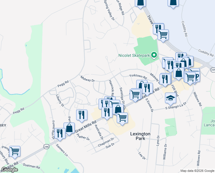 map of restaurants, bars, coffee shops, grocery stores, and more near 21700 Enterprise Road in Lexington Park