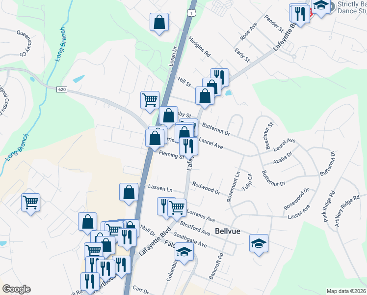 map of restaurants, bars, coffee shops, grocery stores, and more near 4600 Harrison Road in Fredericksburg