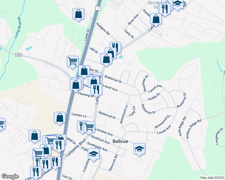 map of restaurants, bars, coffee shops, grocery stores, and more near 108 Laurel Avenue in Fredericksburg