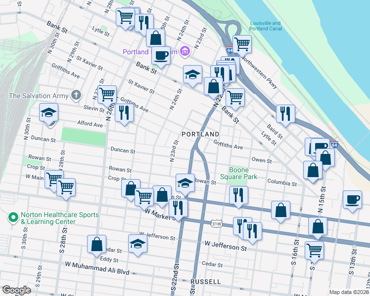 map of restaurants, bars, coffee shops, grocery stores, and more near 2215 Owen Street in Louisville