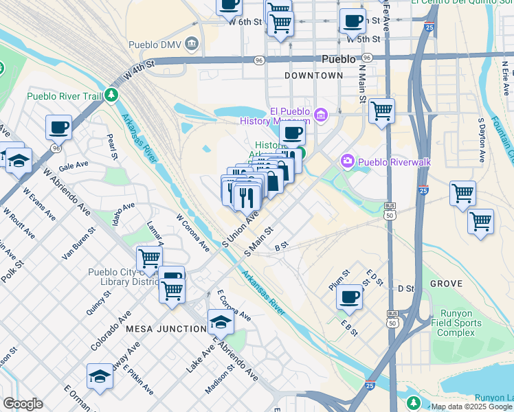 map of restaurants, bars, coffee shops, grocery stores, and more near 230 South Union Avenue in Pueblo