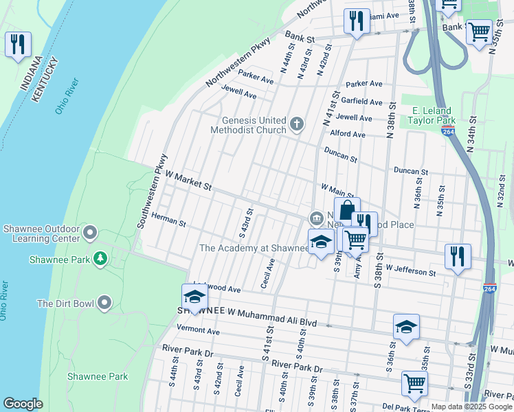 map of restaurants, bars, coffee shops, grocery stores, and more near 201 South 43rd Street in Louisville