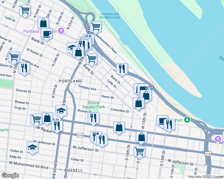 map of restaurants, bars, coffee shops, grocery stores, and more near 1809 Bank Street in Louisville