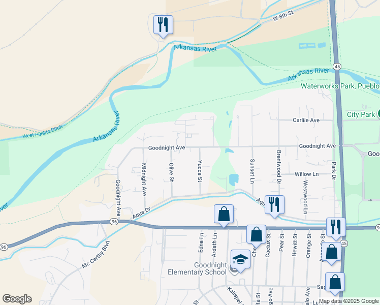 map of restaurants, bars, coffee shops, grocery stores, and more near 4334 Goodnight Avenue in Pueblo