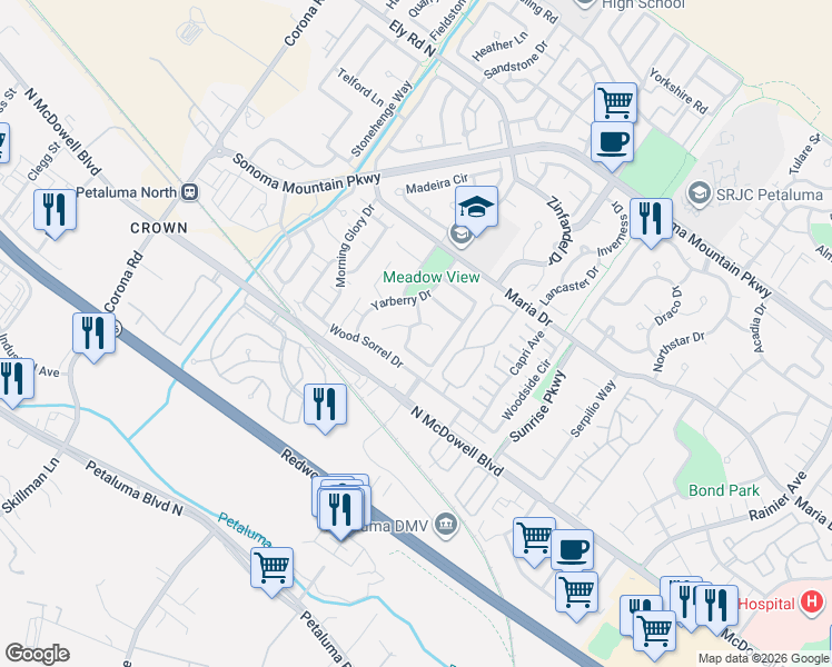 map of restaurants, bars, coffee shops, grocery stores, and more near 847 Winton Drive in Petaluma