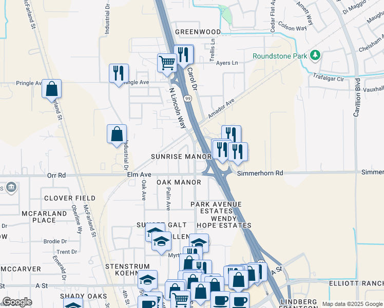 map of restaurants, bars, coffee shops, grocery stores, and more near 464 Sunset Drive in Galt