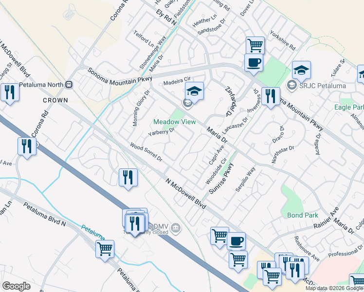 map of restaurants, bars, coffee shops, grocery stores, and more near 23 Megan Court in Petaluma