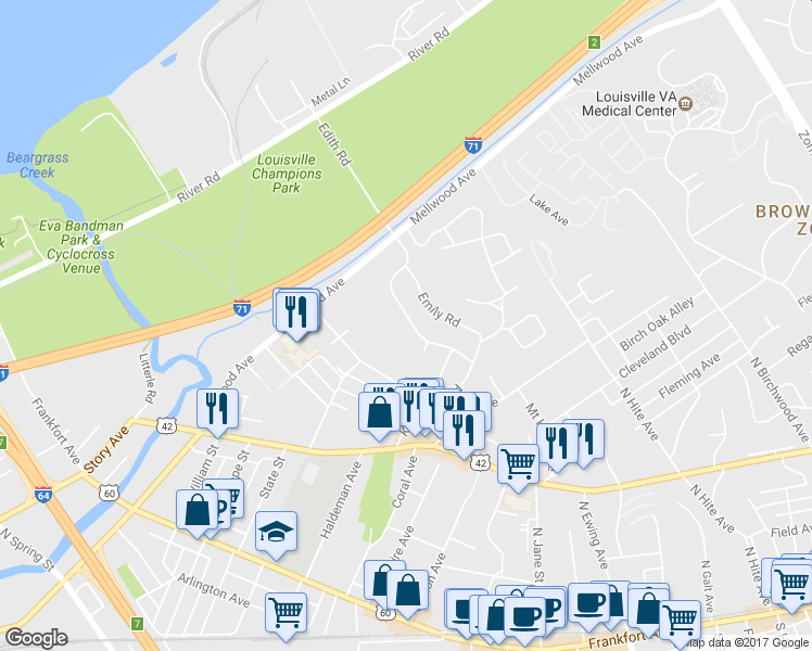 map of restaurants, bars, coffee shops, grocery stores, and more near 628 Edith Road in Louisville