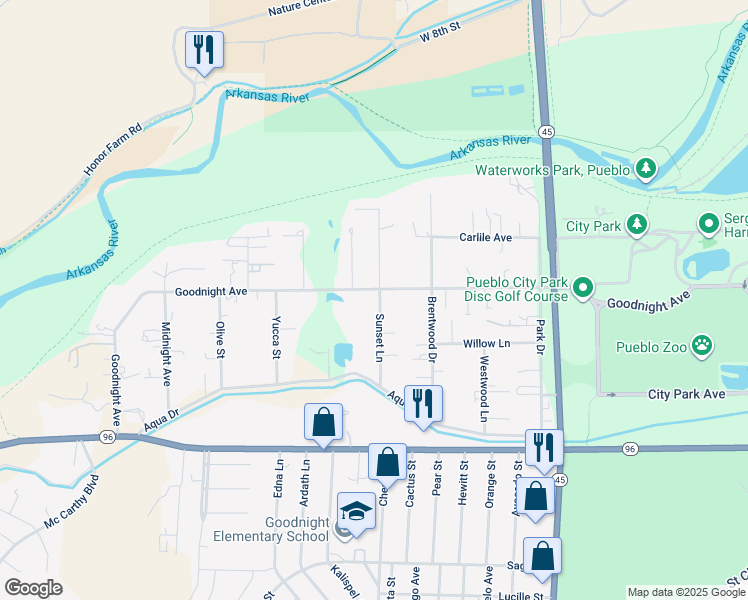 map of restaurants, bars, coffee shops, grocery stores, and more near 4104 Goodnight Ave in Pueblo