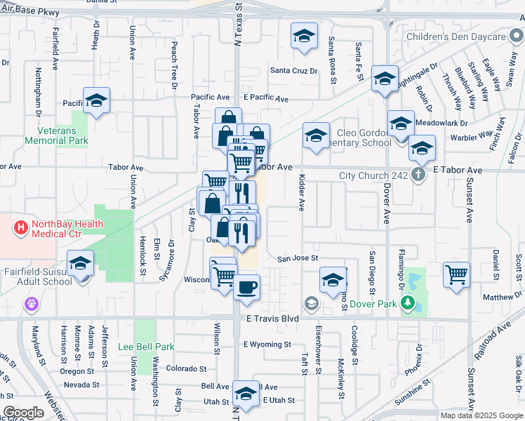 map of restaurants, bars, coffee shops, grocery stores, and more near 1837 San Jose Street in Fairfield