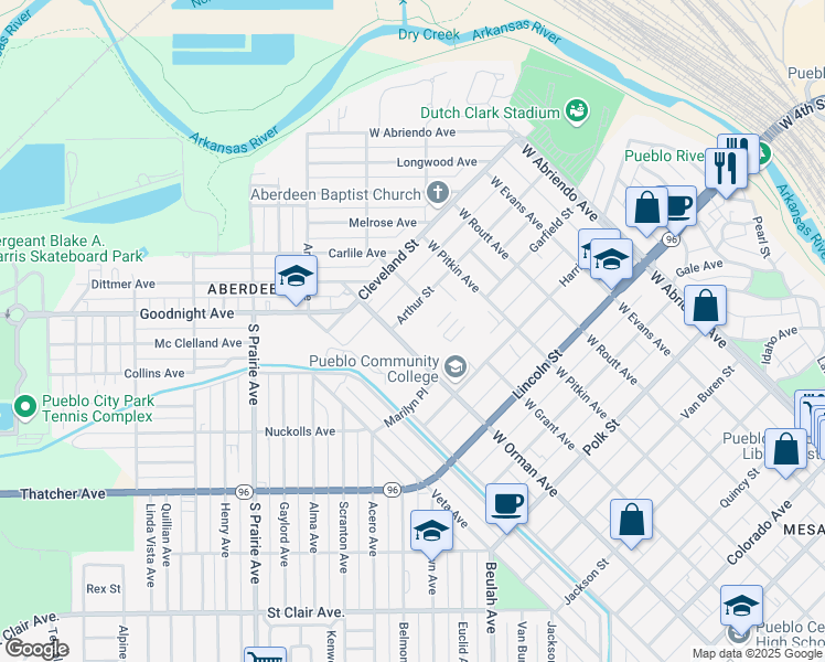 map of restaurants, bars, coffee shops, grocery stores, and more near 900 West Orman Avenue in Pueblo