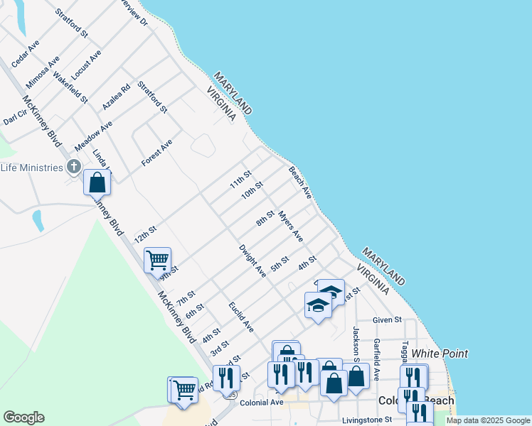 map of restaurants, bars, coffee shops, grocery stores, and more near 123 8th Street in Colonial Beach
