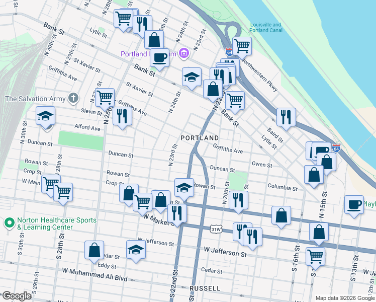 map of restaurants, bars, coffee shops, grocery stores, and more near 2215 Owen Street in Louisville