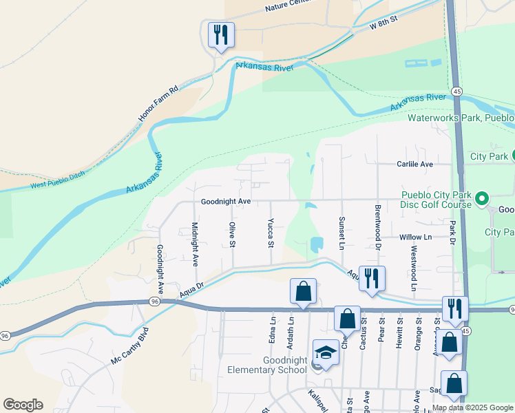 map of restaurants, bars, coffee shops, grocery stores, and more near 4334 Goodnight Avenue in Pueblo